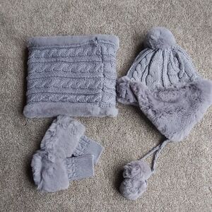 Cable Knit Faux Fur Hat, Neck Warmer and Fingerless Mitt Set